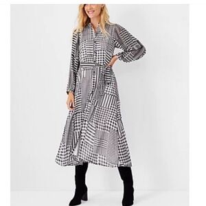 Ann Taylor Patchwork Gingham Plaid Belted Midi Dress Medium Petite